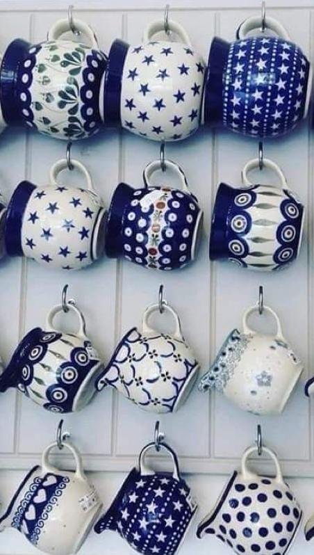 ceramic mugs with traditional Polish pottery designs