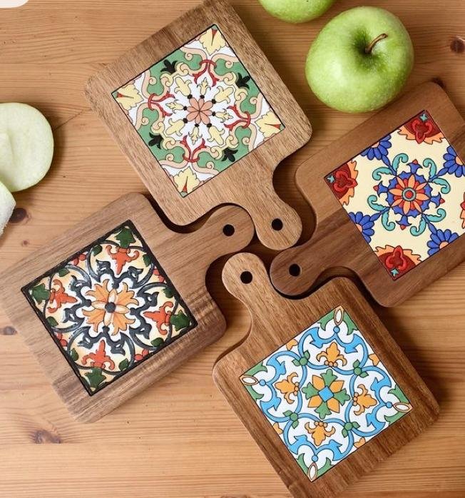 set of wooden coasters with ceramic tile