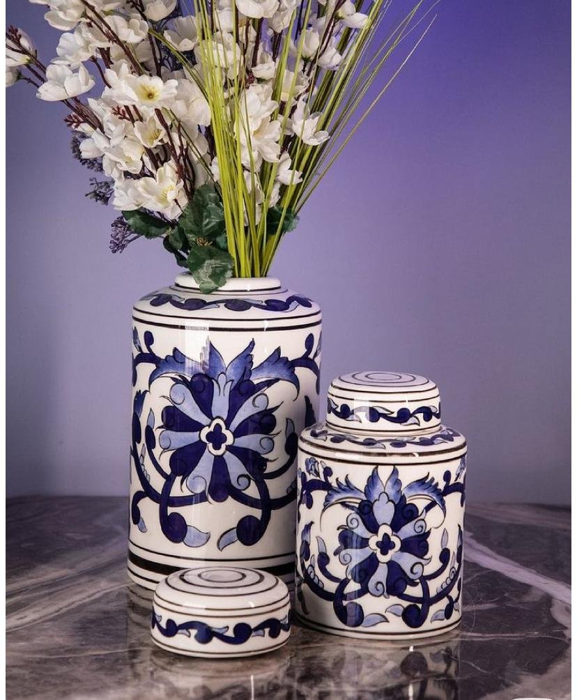 blue and white ceramic decorative jars/vases. 