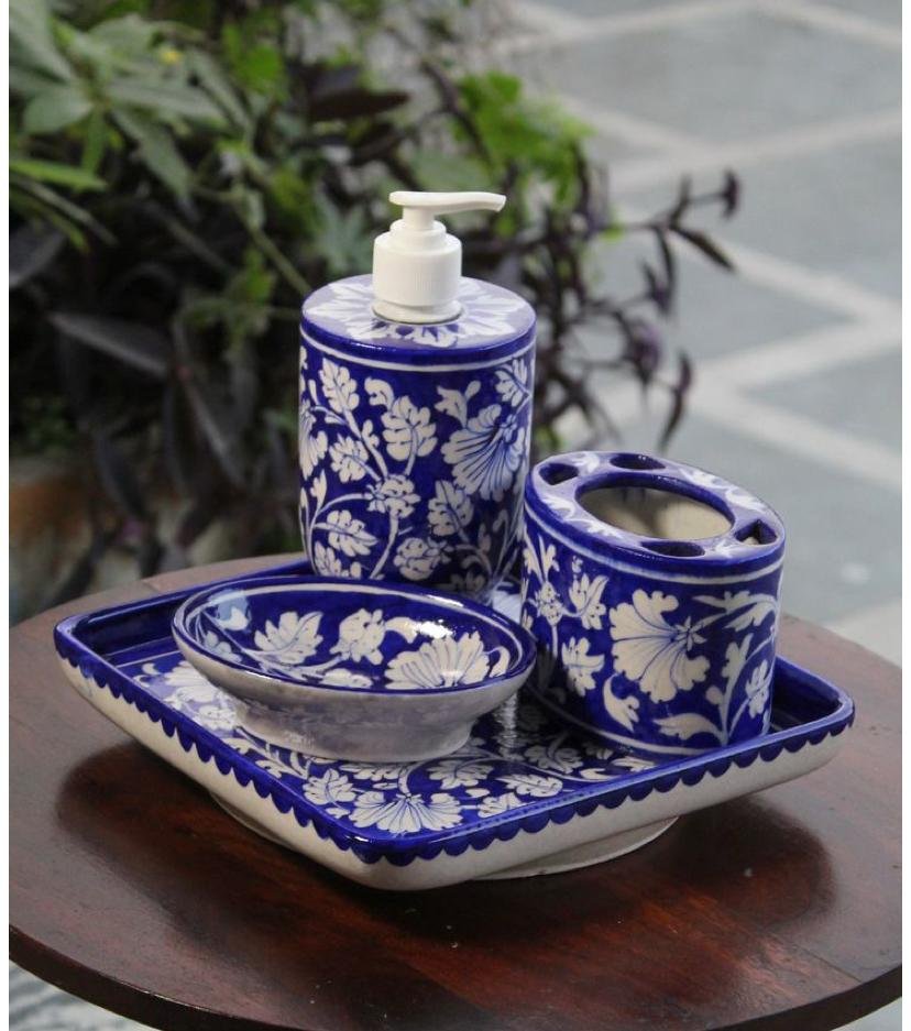  handcrafted blue pottery bathroom accessories set 