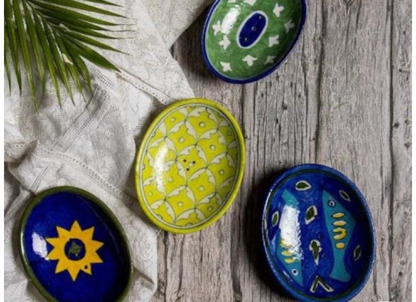 Blue Pottery Stoneware Oval Soap Dish with a floral blue and yellow print